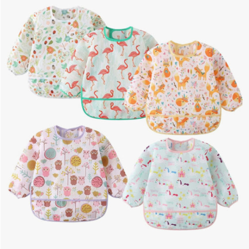 5 Pack Long Sleeve Bib,Baby Toddler Waterproof Sleeved Bib for 6-30 Months Reusable with Catch-all Pocket
