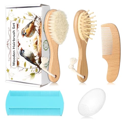 Esonto Baby Hair Care Kit, 5 in 1 Wooden Natural Goat Bristles Brush Cradle Cap Comb Baby Grooming Kit for Newborns Toddlers Boys Girls Gift