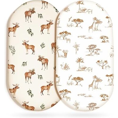 GRSSDER Ultra Soft Bassinet Sheets 2 Pack, Stretchy Breathable Knit Bassinet Mattress Sheets for Baby, Universal Fitted Baby Cradle Moses Basket Oval Rectangle Mattresses Safe and Snug, Animals Print