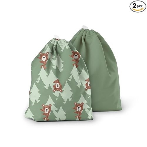 Esembly Ditty Bag Duo - Reusable Waterproof Wet Bags for Cloth Diapers, Swimsuits, Toiletries, and Snacks, Set of 2 - Peek-a-Bear and Aloe