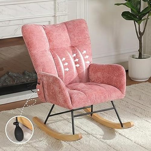 Rocking Chair with Airbag, Comfy Modern Reading & Nursing Nursery Rocking Chair Indoor, Cozy Upholstered Glider Rocker Chairs for Living Room Bedroom Offices, (Chenille, Pink)