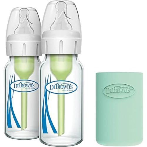 Dr. Brown's Natural Flow Anti-Colic Options+ Narrow Glass Baby Bottle 4 oz/120 mL & Natural Flow Options+ Glass Baby Bottle Sleeves,100% Silicone,4 oz,Narrow,Mint