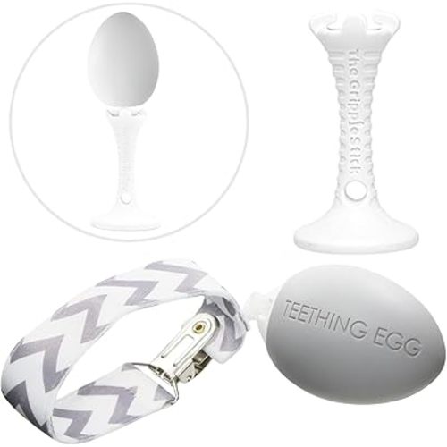 The Teething Egg and Grippie Stick - Baby Development Teething Toys 3, 4, 6, 12 Up to 18 Months Old Boy or Girl, Sensory Toys, A Baby Registry Must Have Teether, Gray