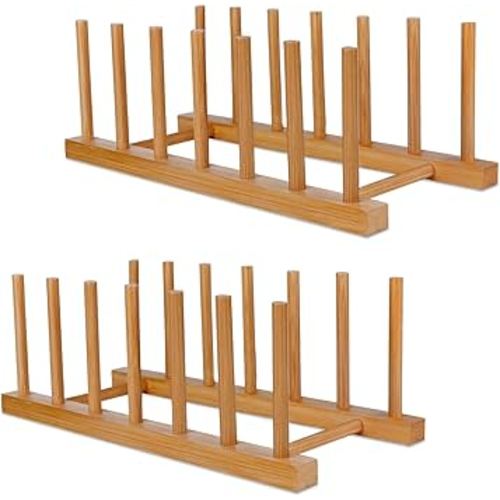Bamboo Wooden Dish Racks Plate Stand Holder Vertical Drainer Kitchen Cabinet Organizer for Dish, Pots, Lids, Bowls, Cups, and Cutting Boards and Books(2 Packs)