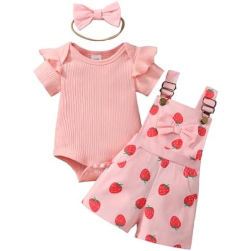 Newborn Baby Girl Clothes Summer Outfit Short Sleeve Ribbed Romper Suspender Overalls Shorts Set