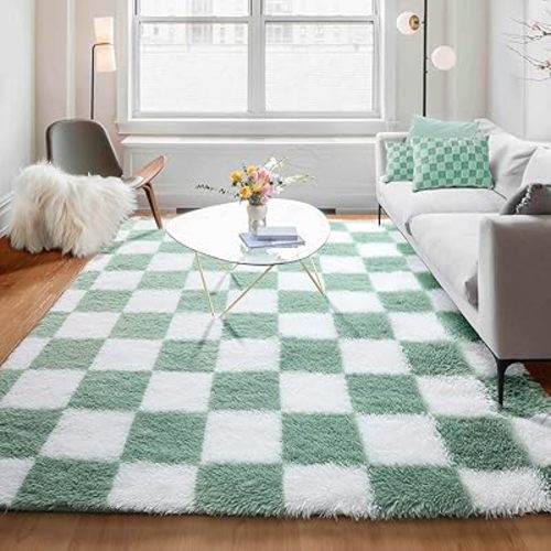 KICMOR Living Room Rugs 5x8 Sage Green and White, Large Fluffy Furry Shaggy Fuzzy Checkered Area Rug Bedroom Big Carpet, Shag Plush Soft Nursery Rug Cozy Room Decor for Teen Toddler Kids Baby Boys