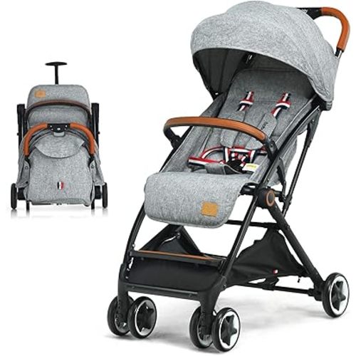 BABY JOY Lightweight Baby Stroller, Compact Toddler Travel Stroller for Airplane with 5-Point Harness, Adjustable Backrest/Footrest/Canopy, Storage Basket, Easy One-Hand Fold, Gray
