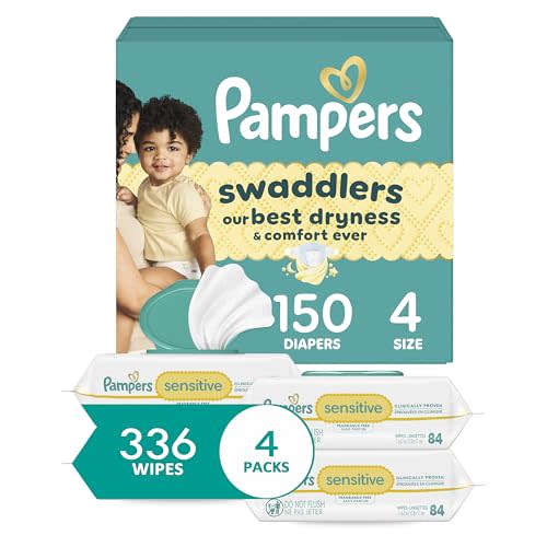 Pampers Swaddlers Disposable Baby Diapers Size 4, One Month Supply (150 Count) with Sensitive Water Based Baby Wipes 4X Pop-Top Packs (336 Count) [Packaging May Vary]