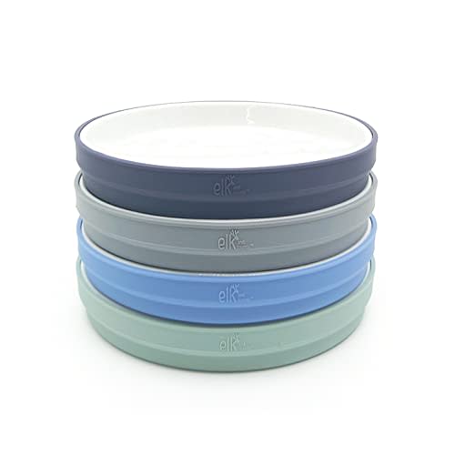 Elk and Friends Kids 7.8” Porcelain White Plates with Silicone Sleeves | Suitable for Kids/Toddlers | Microwave & Dishwasher Safe | Non Slip | Snack Dishes