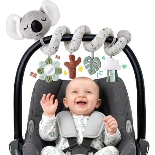 Stuffed Aesthetic Koala Spiral Car Seat Toys for Babies, Gender Neutral Infant Stroller Toy with Teether Hanging, Baby Registry Search Must Haves 0-6 Months