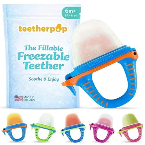 Teetherpop Fillable Freezable Teethers for Babies - Breastmilk Teether with Spill-Proof Sippy Slits – Teething Popsicle for Baby, Liquids & Purées, Cooling Teething Relief Feeder Pacifier - Blue Set