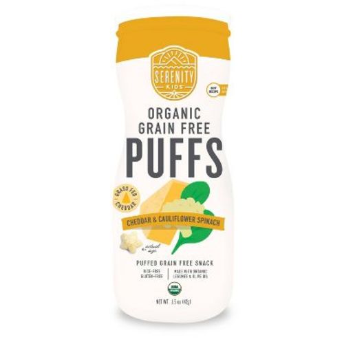 Serenity Kids Grass Fed Cheddar and Organic Cauliflower & Spinach Grain Free Puffs Baby & Toddler Snacks - 1.5oz