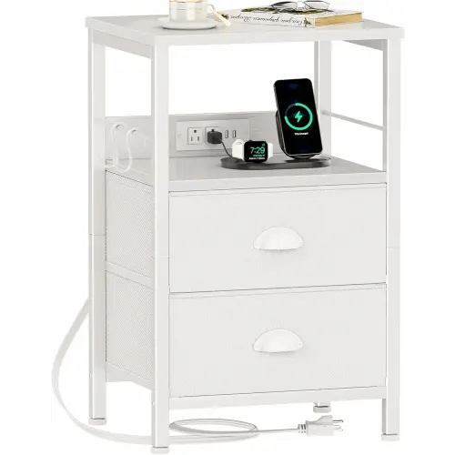 Furologee End Table with Charging Station, Nightstand with Fabric Drawers, Side Tables with USB Ports & Outlets, Night Stand with Storage Shelf & Hooks, for Living Room/Bedroom, White