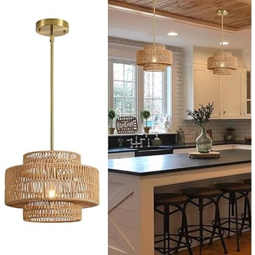 12.4" Rattan Pendant Light for Kitchen Island, Boho Chandelier