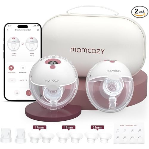 Momcozy M5 Smart APP Controlled Wearable Breast Pump, Hands-Free Wireless Electric Pump, 3 Modes 9 Suction Levels, BPA-Free, Portable Lightweight, 24mm Flange, 2-Pack Cozy Red