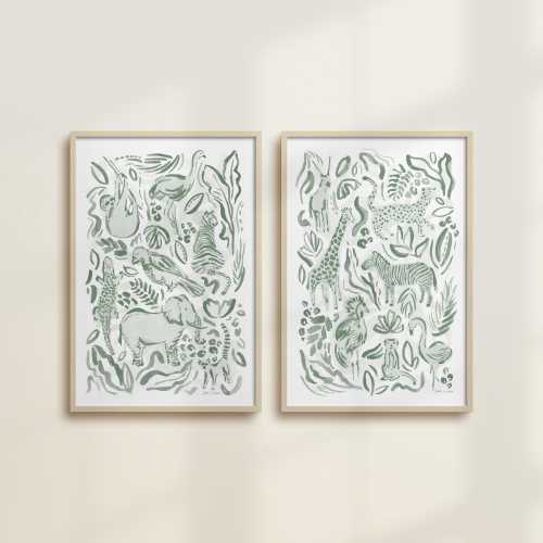 Safari Jungle Watercolor 2 PRINTS Pair Multicolor Blue Pink Green| 2 Set Archival Print, Poster Nursery Modern, Zoo Animal Theme