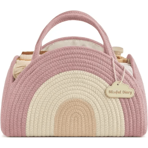 Blissful Diary Baby Diaper Caddy Organizer, Cotton Rope Diaper Caddy Basket, Large Storage Basket for Newborn Boys and Girls, Gift for Baby Shower List, Newborn Essentials, Blush Rainbow