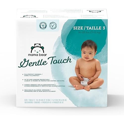 Amazon Brand - Mama Bear Gentle Touch Baby Diapers, Size 3, 168 Count (4 packs of 42), Leakproof, Keeps Baby Dry, Skin Safe, Fragrance-Free with Wetness Indicator