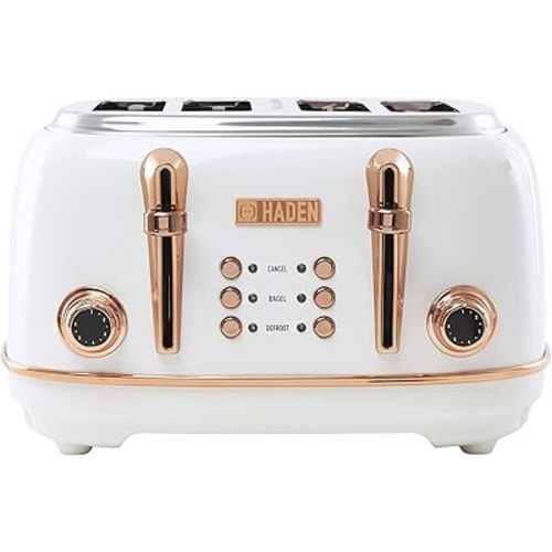 Haden Heritage 4 Slice Wide Slot Stainless Steel Toaster with Adjustable Browning Control & Non-Slip Feet, Ivory & Copper