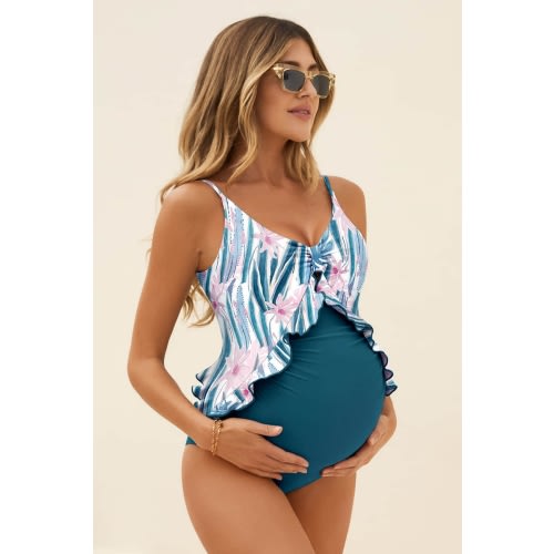 Adjustable Straps Ruffle Maternity Swimsuit | One Piece Pregnancy Swimwear