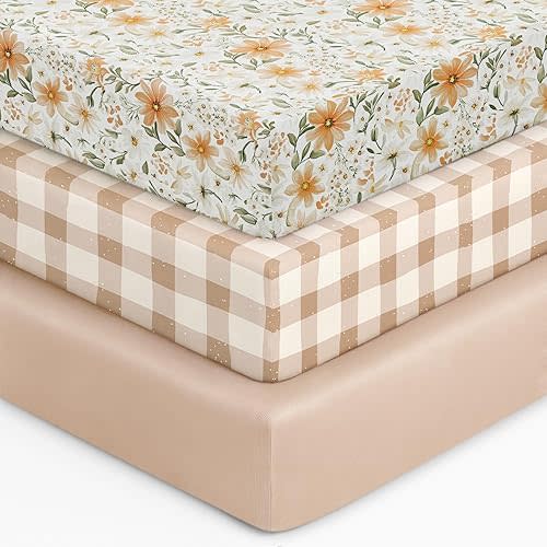 Baby Crib Sheets for Boys Girls, 28x52x8in Fitted Crib Sheet Neutral 3 Pack for Standard Crib and Toddler Mattress, Breathable Soft Microfiber Baby Sheet Orange Flowers & Plaid