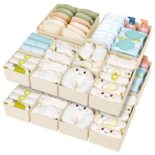 DIMJ Drawer Organizer Clothes 15 Pack - Foldable Baby Organizers and Storage & Dresser Organizer for Bedroom, Closet - Nursery Organization Dresser Dividers for underwear, Sock,Bra, Belt, Tie, Beige