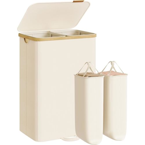 SONGMICS Laundry Hamper, Laundry Sorter with Lid, Storage Basket Bin, Removable Liners, Bamboo Frame, for Bedroom, 2 Sections, 39.6 Gal. (150 L), Cream White ULCB532WD01