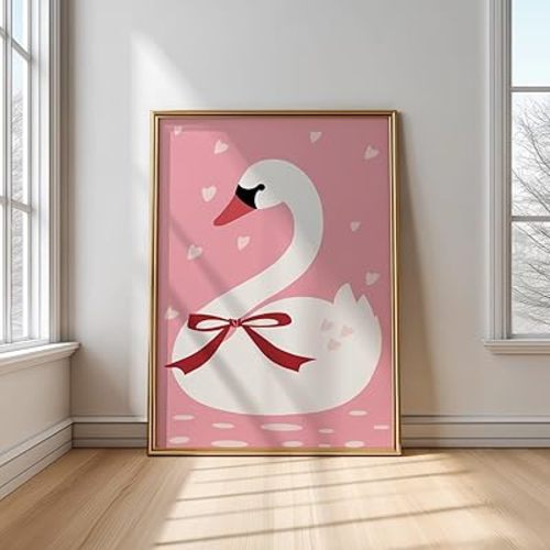 Xenulab Pink Swan Wall Art For Girls Room - Elegant Nursery Poster Baby Girl Bedroom Print Princess Animal Decor Whimsical Bird
