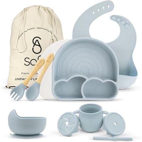 BPA-Free Non-Toxic Silicone Baby Feeding Set – Suction Plate, Bowl, Bib & Cup – 11-Piece Baby Led Weaning Set for Ages 6-18 Months – Eco Gift Bag (Dusty Blue)
