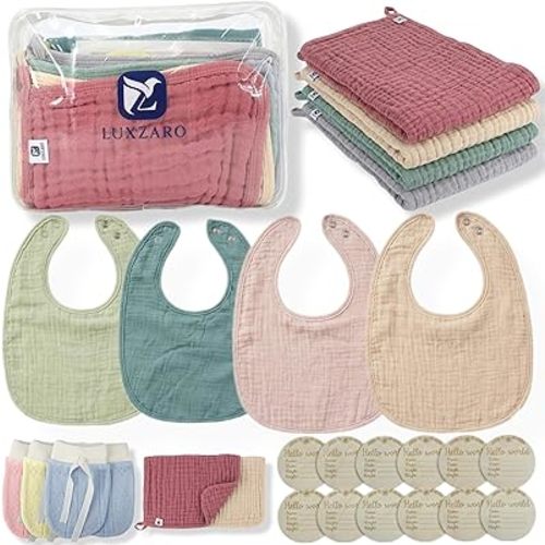 Daily Baby Care 23-PCS – 4 Muslin Burp Cloths, 4 Cotton Bibs, 3 Pairs Anti-Scratch Mittens + Bonus 12 Wooden Monthly Milestone Discs- Unisex Gift for New Moms and Baby Care Essentials