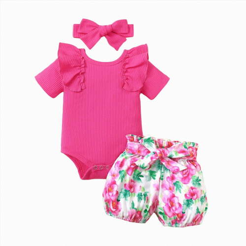 Kogui Cute Baby Girl Summer Outfits Short Sleeve Cartoon Print Romper Tops & Elastic Shorts Sets Cute Girls Spring Summer Set Dailywear Set 0 3 6 9 12 18 24 Months (Hot Pink,3-6 Months)