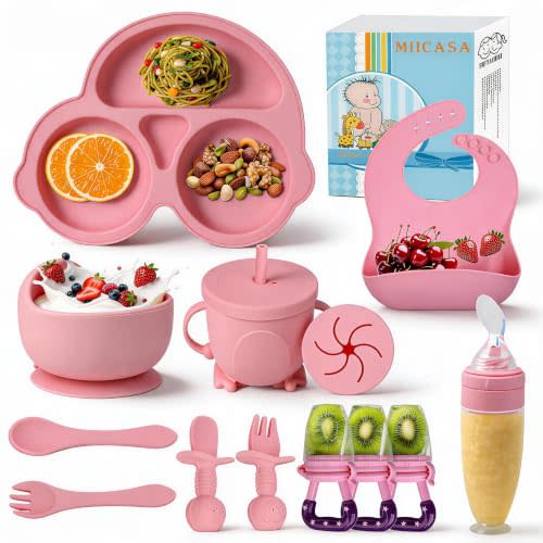 Silicone Baby Feeding Set,Miicasa Baby Led Weaning Supplies Kit With Suction Bowl & Car Plate, Bib, Spoon, Fork, Cup - Food-Grade Silicone, Dishwasher-Safe, No BPAs - For 3+ Months