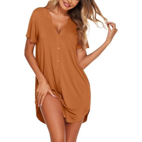 Ekouaer Nightgowns for Women Soft Cotton Sleep Shirt Short Sleeve Button Down Nightshirt