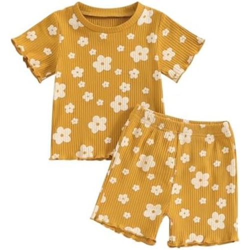 Kupretty Toddler Baby Girl Summer Clothes Ruffle Ribbed Knit Short Sleeves T-Shirt Tops + Shorts Cute Outfits Set