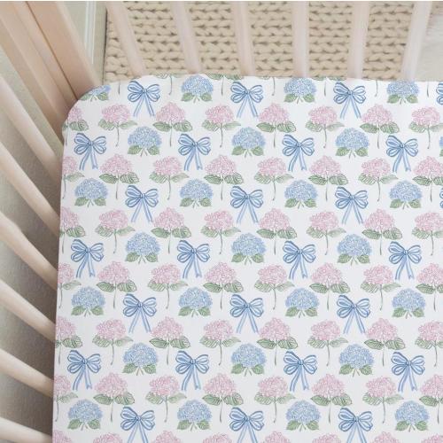 Hydrangea and Bows Crib Sheet Pink Bows Girls Nursery Baby Floral Bedding Blue White Preppy Traditional Decor | Made in USA