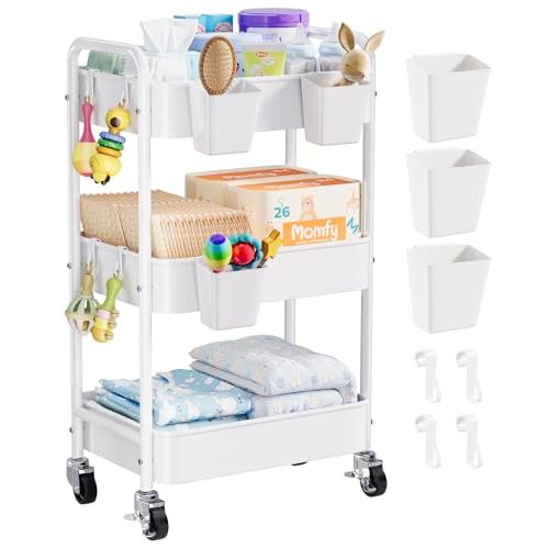 Diaper Cart Organizer with Wheels, 3 Tier Rolling Bedside Cart for Baby Essentials, Baby Organizers and Storage Diaper Caddy Carts for Changing Table, Crib, Bedroom, Newborn Nursery Supplies, White