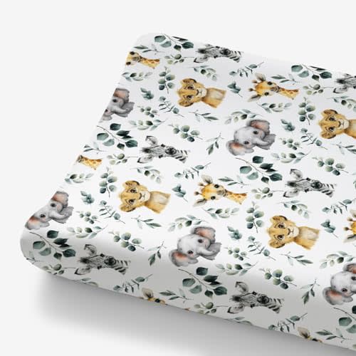 HawSkgFub African Safari Jungle Animals Eucalyptus Leaf Changing Pad Cover Baby Girls Boys, Giraffe Elephant Lion Zebra Diaper Change Table Sheet, Stretchy Safe Snug Fitted Changing Mat 32"/34" x 16"