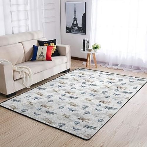 Vintage Planes Airplanes Helicopters Nursery Rug for Baby Girl Boy Hot Air Balloon Plane Clouds Sky Kids Area Rugs for Bedroom Classroom Playroom Nursery Décor Mat Rug 20x32inch