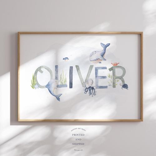 Custom Nursery Name Print | Baby Name Print | Under The Sea Nursery Decor | Personalised Nursery Wall Art | Ocean Name Sign | Whale Dolphin