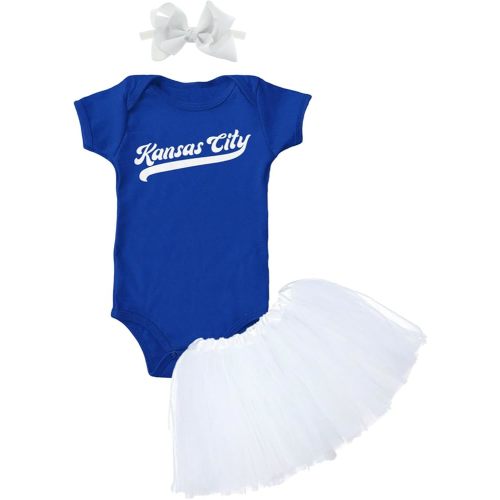Kansas City - Baseball Jersey Style Script Baby Bodysuit + Tutu Skirt + Bow Headband Set