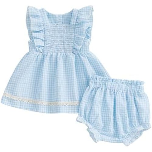 Seyurigaoka Smocked Baby Girl Clothes Gingham Ruffle Sleeveless Hem Top Bloomer Shorts Clothing Sets Summer Outfit