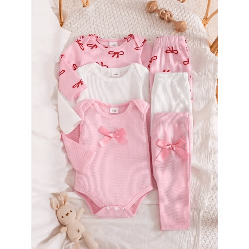6pcs newborn baby set pink bow waffle knit - Temu