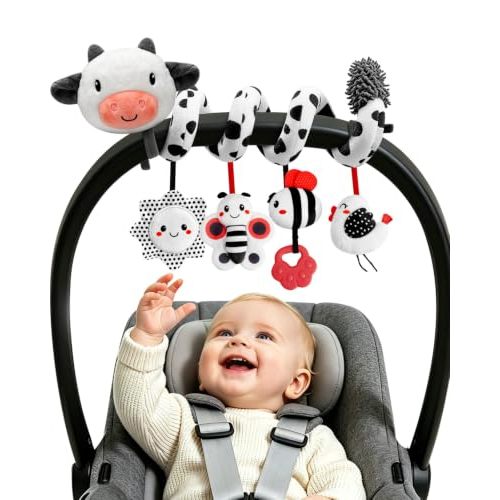 Spiral Car Seat Baby Toys 0-6 Months, Infant Hanging Carseat Stroller Toys | High Contrast Newborn Toys, Easy to Install, Soft Plush, Baby Sensory Toys, Baby Travel Toys, Shower Gifts