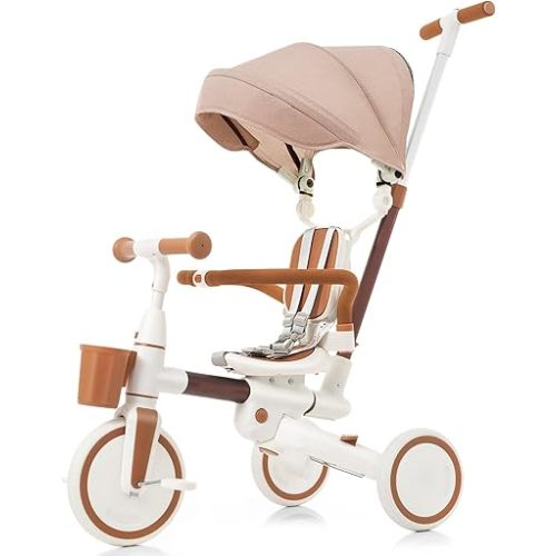 Foldable Kids Tricycle with Adjustable Pedals, Removable Canopy & Cup Holder Safe, Portable Toddler Bike