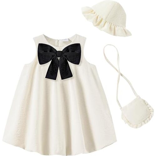SODLON Baby Girl Dress Toddler Infant Vintage Dresses Summer Clothes 3M-3T | Cute Bow Bubble Dresses, Girls Birthday Shower Party Gifts Photo Outfits, Linen Sleeveless 3-Piece Sundress with Hat & Bag