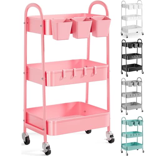 3 Tier Metal Rolling Cart with Lockable Wheels and Handle, Three Tiered Pink Trolley Cart on Wheels, Utility Storage Organizer for Bathroom, Kitchen, Teachers, Art, Crafts, Baby Diaper, Snack, Nail