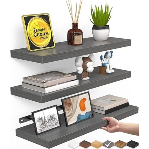 BAYKA Grey Floating Shelves for Wall, Wall Mounted Rustic Wood Shelves for Bathroom, Bedroom, Living Room, Kitchen,Small Hanging Shelf for Books/Storage/Room Decor (Set of 3, 15.7in)