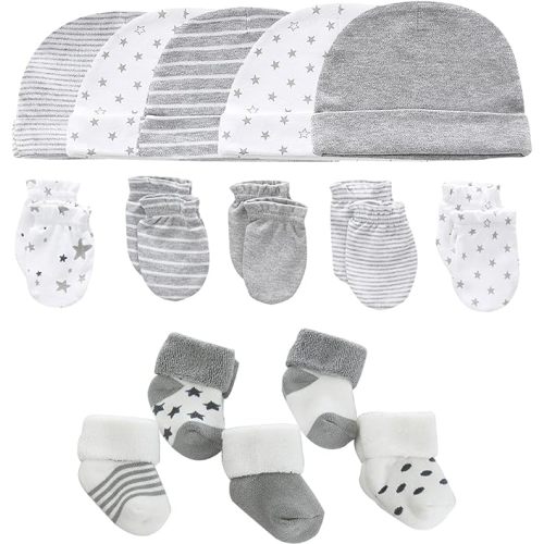 Baby Caps Mittens and Thick Warm Socks Cotton Newborn Essentials Accessories (Hats+Gloves+Terry Socks),0-6 Months - Set-1