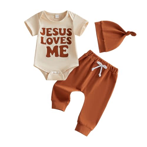 Newborn Baby Boy Christian Clothes Jesus Loves Me Romper Long Pants Set Hat 3Pcs Summer Baptism Outfits