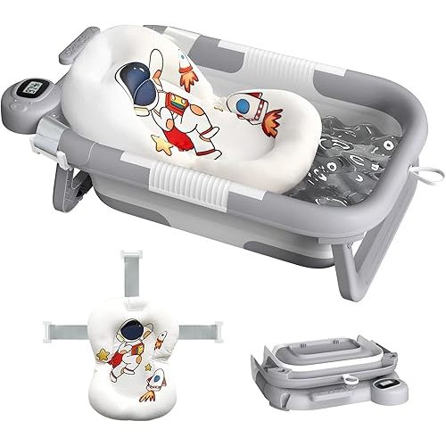 Collapsible Baby Bathtub for Newborn,Baby Tub with Soft Floating Cushion & Thermometer for Infant to Toddler,Portable Travel Bathtub with No-Slip Feet for 0-36 Months-Gray